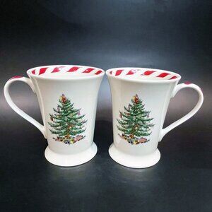 Spode England CHRISTMAS TREE 12oz Mugs Peppermint Stripe Rim S3324-A14 Set of 2